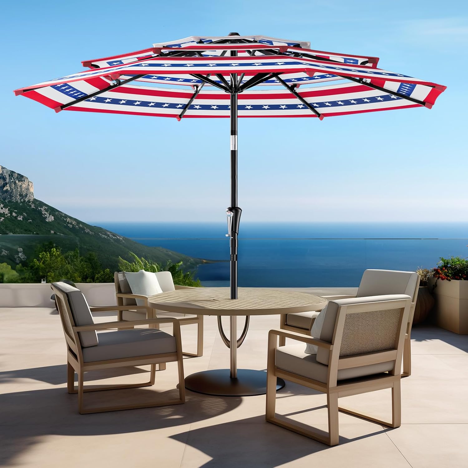 HOMSHADE 9FT 3-Tiers Outdoor Patio Umbrella with 5-Year Fade Resistant,Vented Outdoor Commercial Market Umbrella with UPF50+ UV Protection & Push Button Tilt and Crank for Pool,Backyard(NO Base)