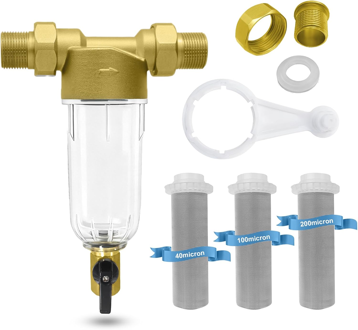Spin Down Sediment Filter, 40/100/200 Micron Inline Water Filter for Well Water, Whole House Prefilter Filtration System, Lead-Free Brass 1" MNPT 3/4" FNPT 3/4"MNPT