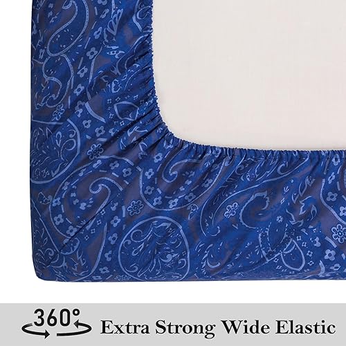 Miniatura 4 de KACEMOO Juego de sábanas tamaño King de 4 piezas, estampado de cachemira azul marino, juego de sábanas con estampado floral, bolsillo profundo,