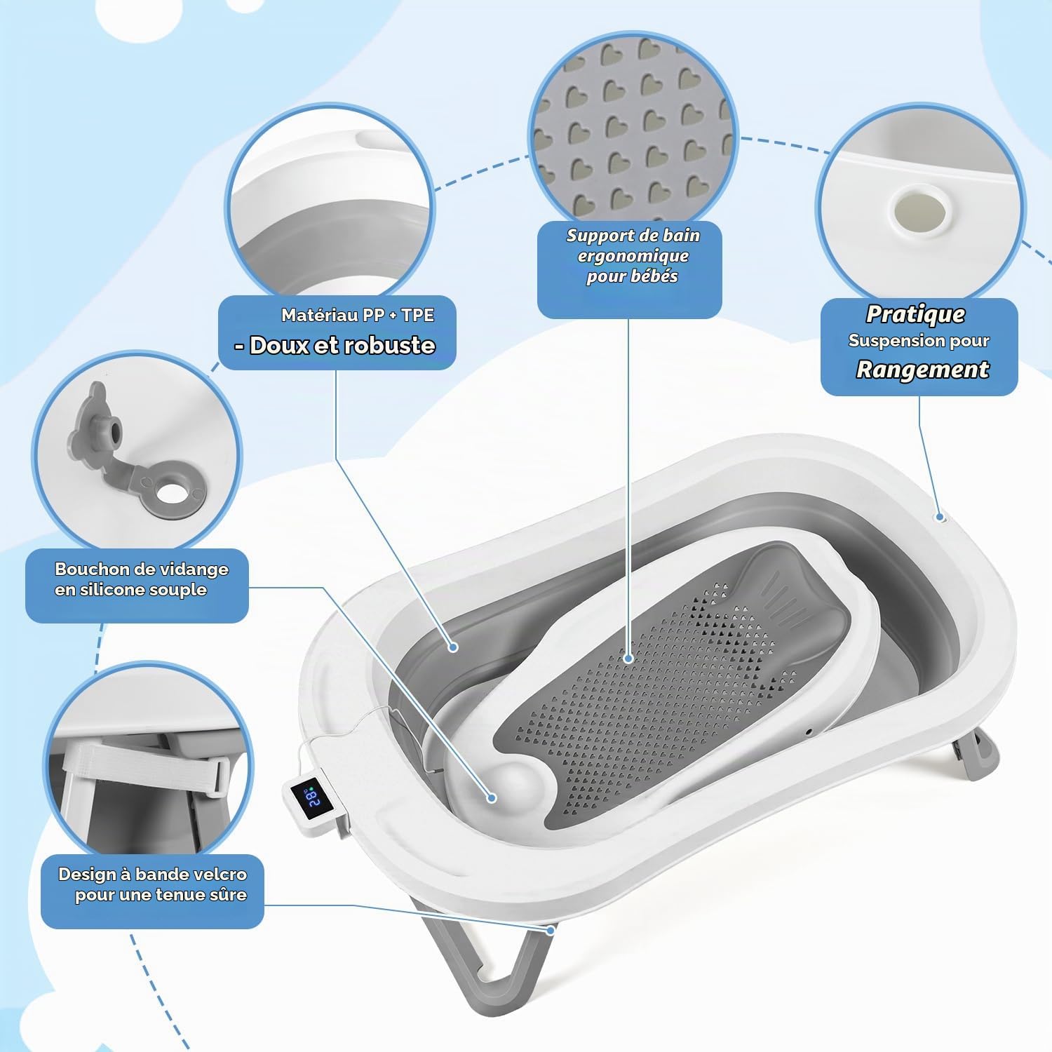 Baignoire pour bébé, pliable, avec structure et thermique, grise, avec siège de bain et thermomètre amovible, peu encombrante, pliable, pour nouveau-né à 3 ans