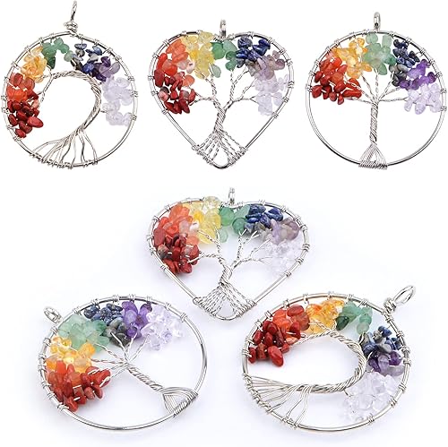 Miniatura 4 de 6 dijes de árbol de la vida, coloridos dijes de piedra natural de cristal natural para chakras, piedras preciosas positivas de cuarzo, dijes de