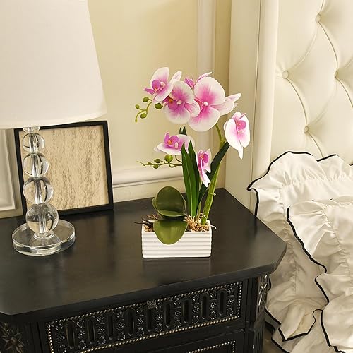 Vista 88 de Flores artificiales de orquídea de tacto real en maceta, flor falsa de Phalaenopsis con jarrón de cerámica blanca, arreglo de orquídeas sintéticas