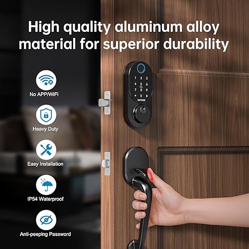 Miniatura 4 de Cerraduras inteligentes para puerta delantera cerrojo NUTOMO sin llave para puerta de entrada con asa, juego de cerradura de puerta de huellas
