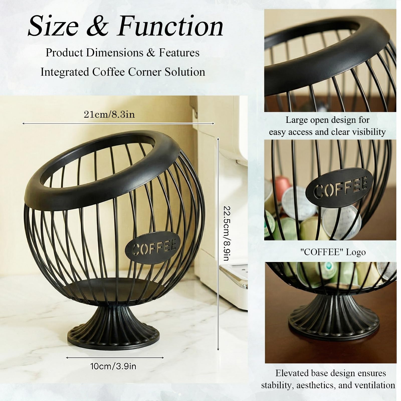 AIYICIII Grand support de dosettes de café avec base – Organiseur Keurig K-Cup et Nespresso Vertuo de grande capacité, rangement de dosettes de café en métal, accessoires et décoration de bar à café