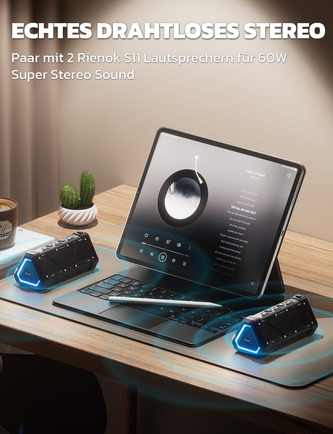 RIENOK S11 Bluetooth Lautsprecher 30W Musikbox mit EQ Modus USB IPX7 Bluetooth Box 24h Akku Tragbarer Lautsprecher mit Licht Bass für Phone Party Outdoor Strand Park Fahhrad