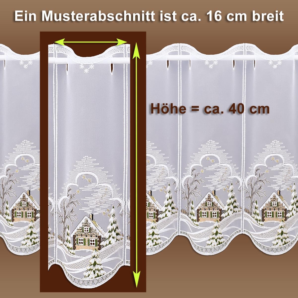 Scheibengardine Heimatliche Winteridylle Vogtländische Spitze - Scheibenhänger für Winter und Advent verschneite Berghütte - klassische Kurzgardine mit Lurex-Stickerei | Höhe x Breite 40 x 144 cm
