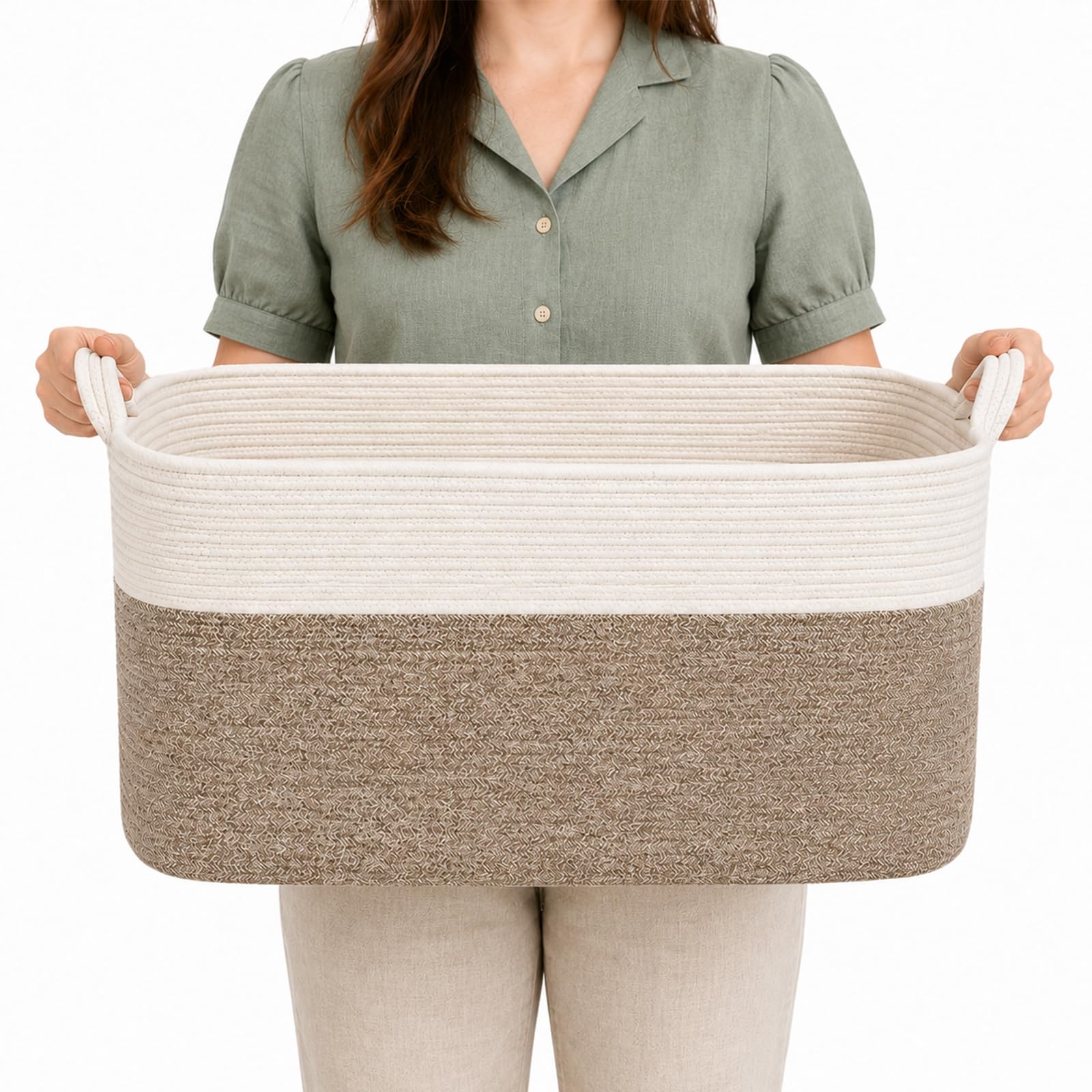 Cesta de almacenamiento grande de 55 x 38 x 30 cm, cesta de cuerda de algodón con asas, cesta de almacenamiento tejida para lavandería, ropa y almacenamiento de juguetes, cesta de cuerda para