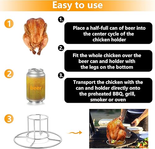 Miniatura 3 de Leonyo Juego de 2 soportes para pollos de cerveza, soporte vertical de acero inoxidable para asar pavo, accesorios de barbacoa para ahumador y