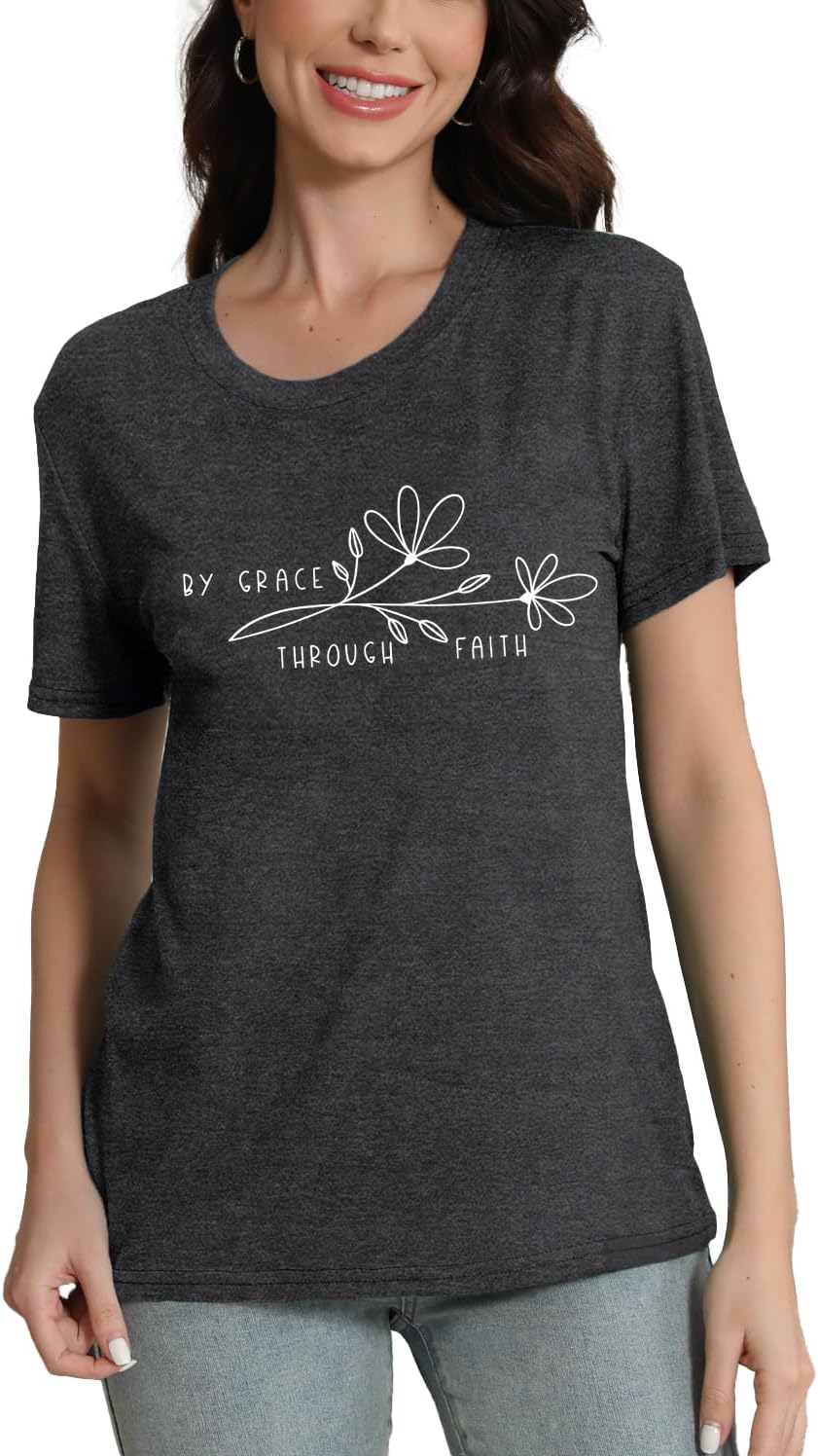 Womens Christian Shirt Christ Faith T-Shirts Bible Verse by Grace Through Faith Tee Tops - Image 5