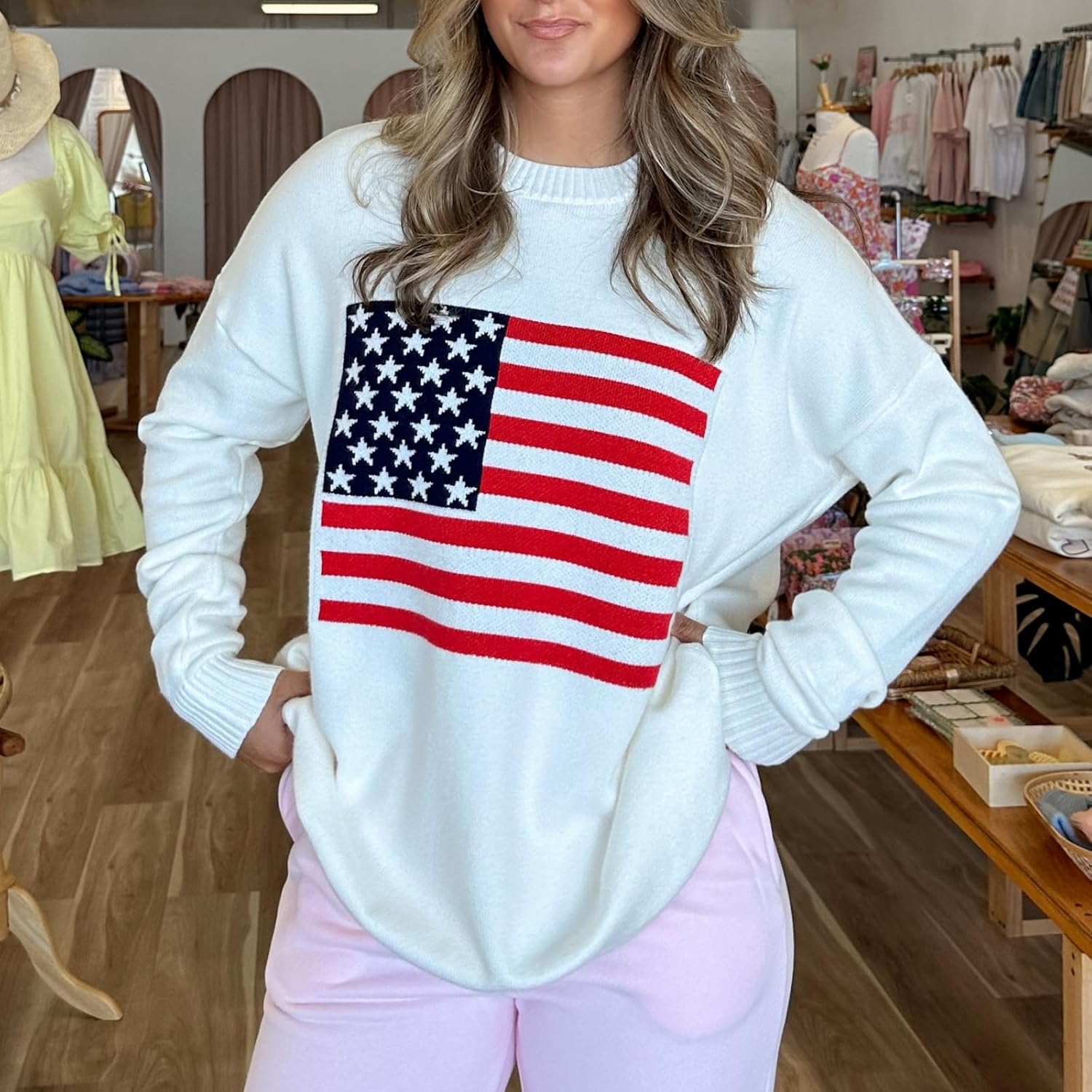 Women's American Flag Pattern Sweater Long Sleeve Knit Crewneck Sweater Casual Loose Pullover Top - Image 2