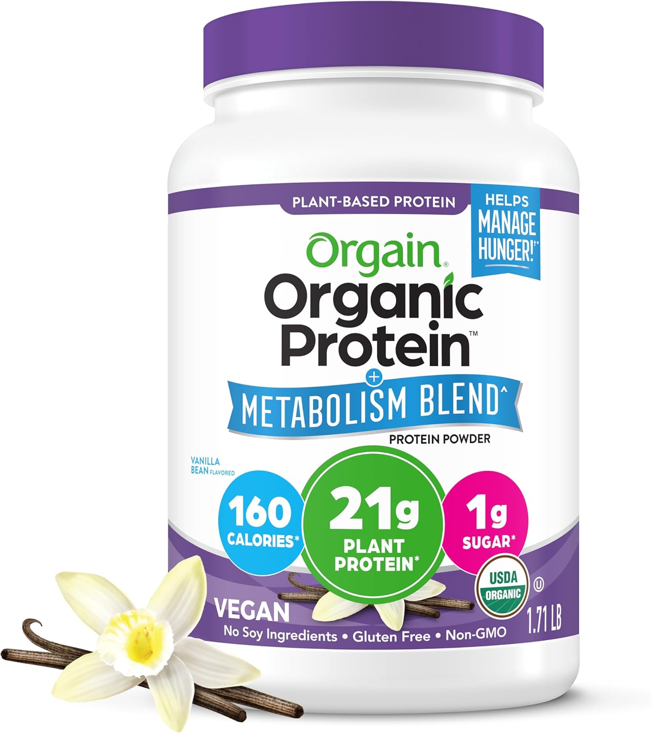 Orgain Organic Protein + Metabolism Blend Powder, Vanilla Bean – 21g Plant Protein, 5g Prebiotic Fiber, No Lactose Ingredients, Low Sugar, Non-GMO, for Shakes & Smoothies, 1.71 lb