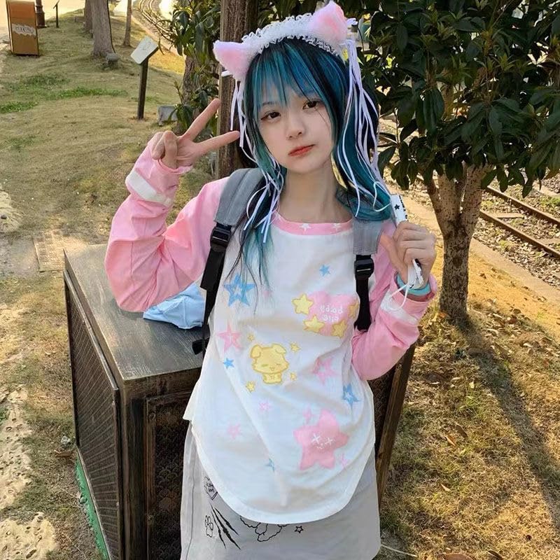 Y2k Stars Kawaii Shirt -Graphic Print Round Neck T Shirt Short Sleeve - Image 2