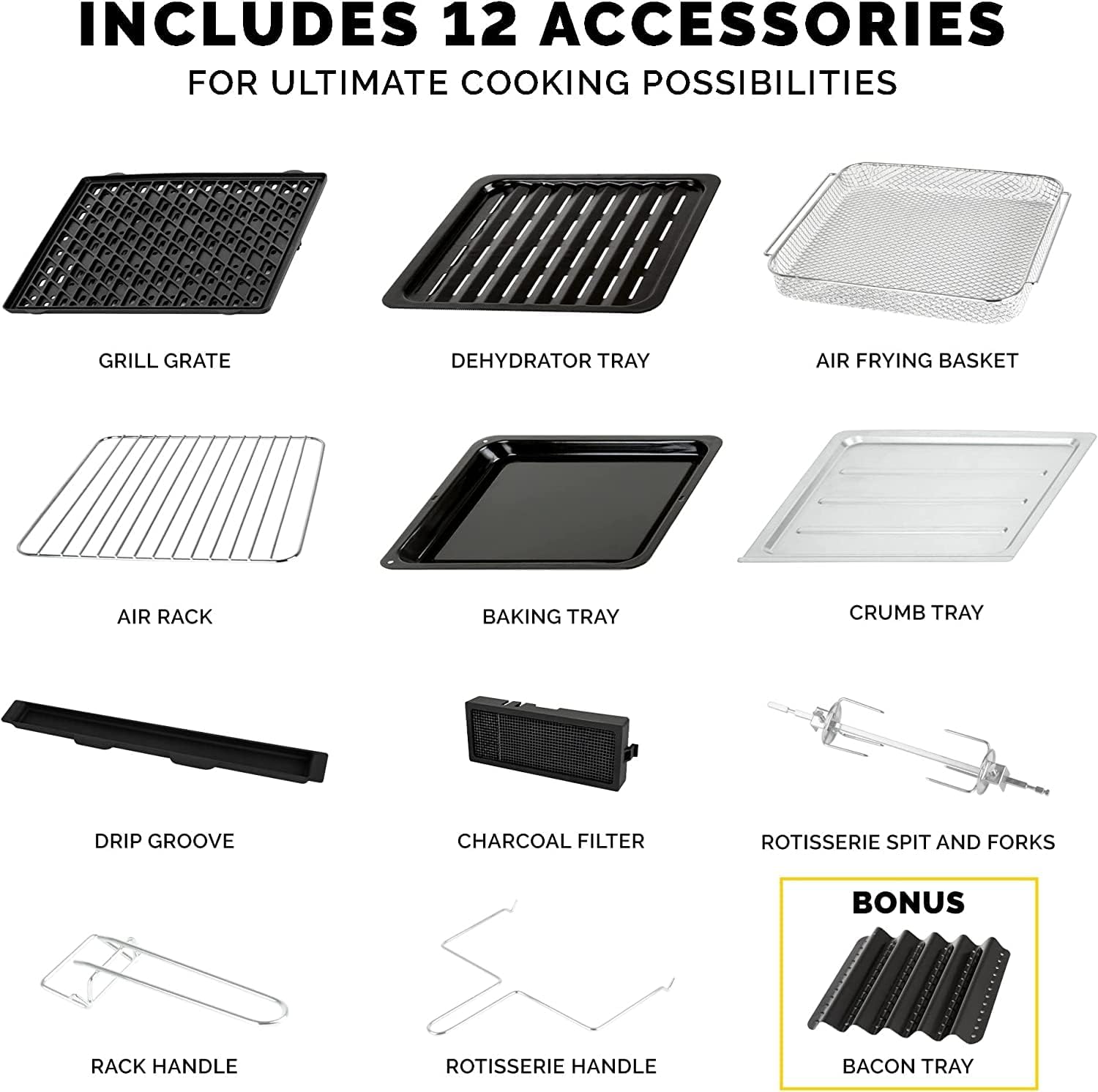 Diagram showing 12 accessories for MAXX Air Fryer Oven Grill Deluxe