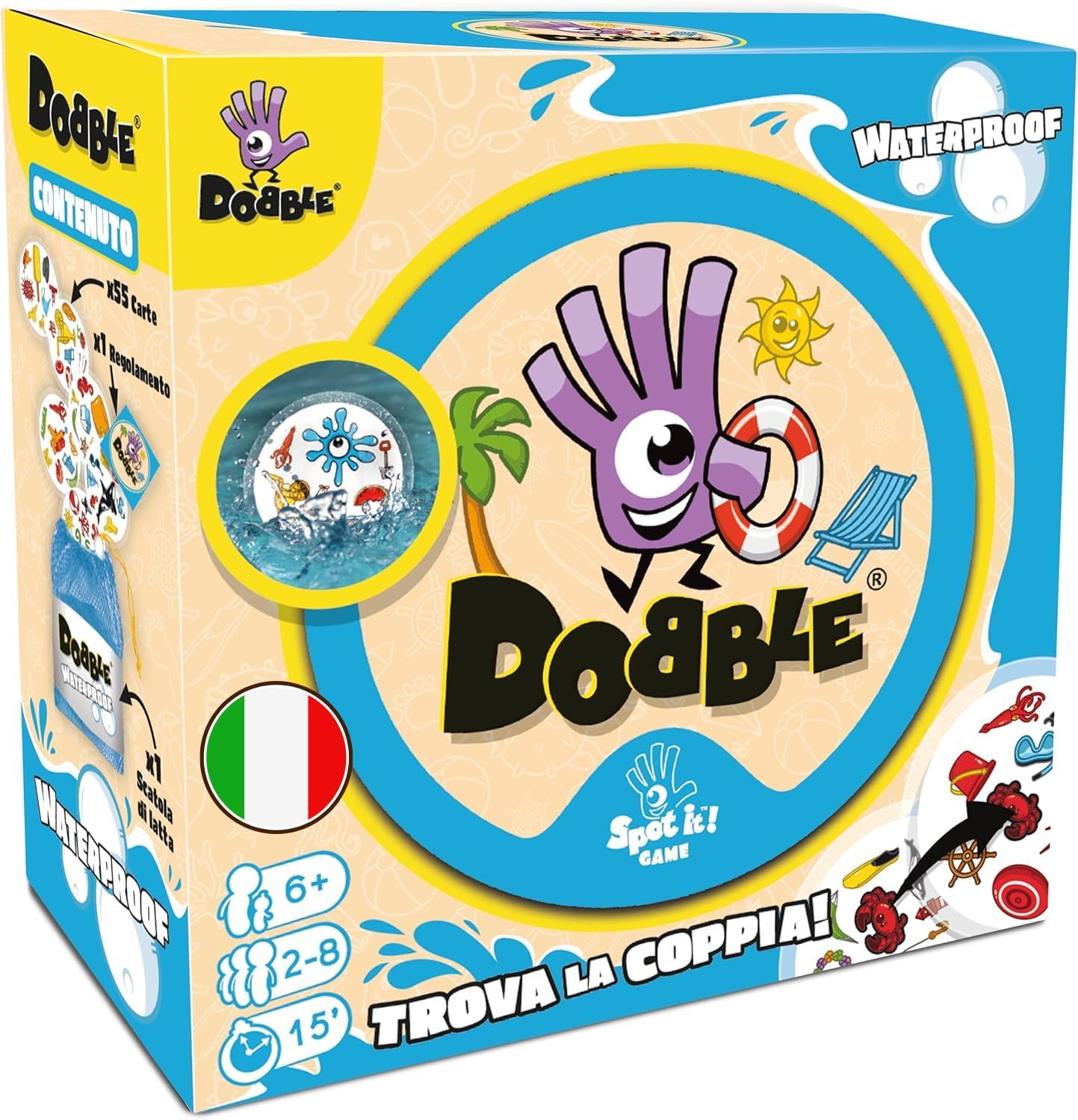 Asmodee Dobble: Waterproof, Card Game for the Whole Family, Italian Edition, 8247, Single
