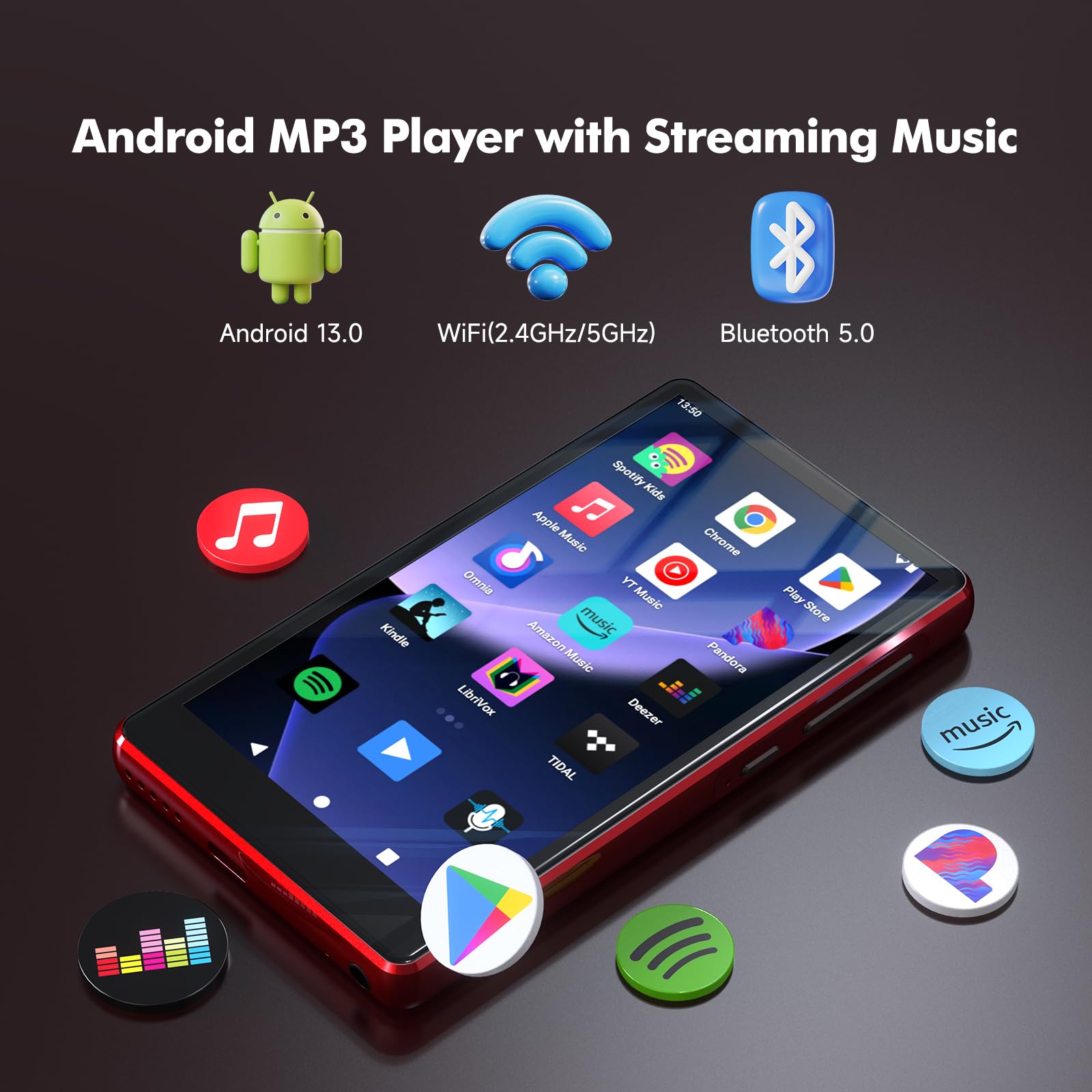163GB Lettore MP3 con Bluetooth Spotify, Schermo Touch 4.5 Pollici, Lettore MP4 con WiFi, 2000mAh Stereo Portatile HiFi Altoparlanti, Amazon Music, Lettore Musicale Streaming Android per Bambini, FM