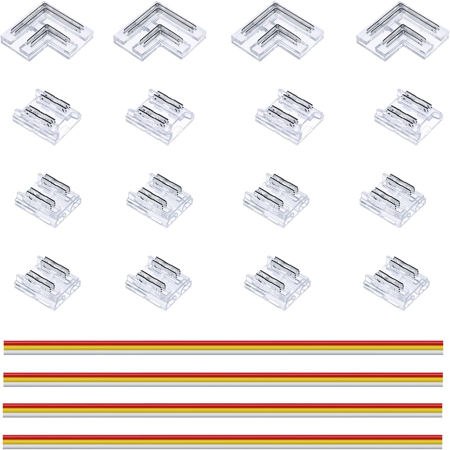 JOYLIT CCT LED Strip Connector Kit, 10MM/0.39IN Transparent Solderless Connectors 8Pcs Strip to Wire, 4 Pcs L Corner Connector, 4Pcs Strip to Strip, 4 Pcs Extension Cable