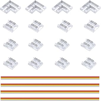 طقم موصلات شرائط LED CCT من JOYLIT، موصلات شفافة بدون لحام مقاس 10 مم/0.39 بوصة، 8 قطع من الشرائط إلى الأسلاك، 4 قطع من موصلات الزوايا على شكل حرف L، 4 قطع من الشرائط إلى الشرائط، 4 قطع من كابلات التمديد