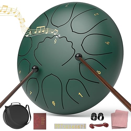 Rain Drum for Outside Garden, 8 Inches 11 Notes Steel Tongue Drum, Waterproof Meditation Rain Chime, Musical Instruments for Adult Gift with Bag, Music Book, Mallets (Green) - 8 Inches - green