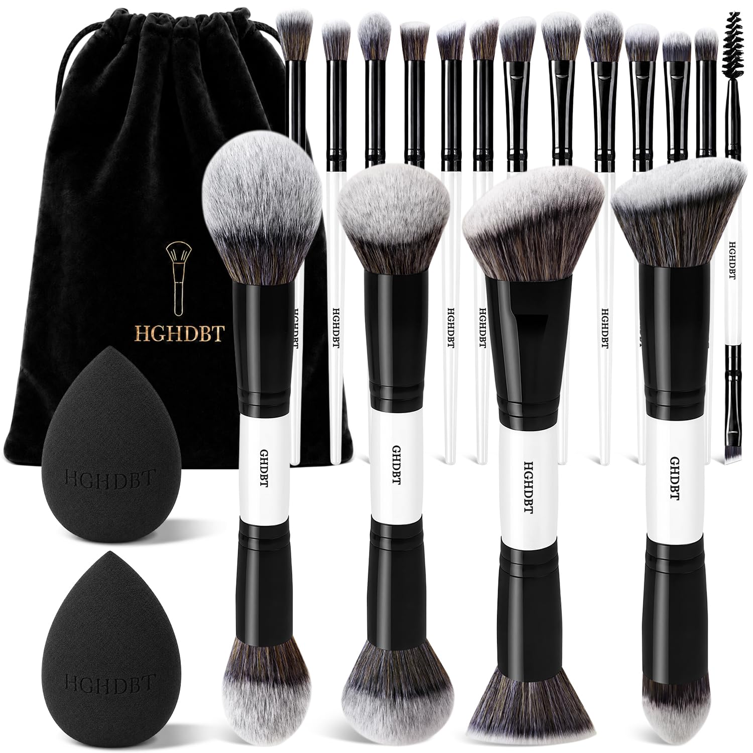 HGHDBT Lot de 20 pinceaux de maquillage professionnels noirs et blancs avec étui synthétique de qualité supérieure pour fond de teint, anti-cernes, fard à paupières, poudre, yeux et visage avec éponge