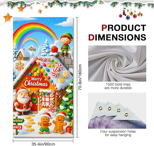 Miniatura 6 de Cubierta de puerta de Feliz Navidad de 71 x 35 pulgadas, decoración de invierno, Papá Noel, elfo, casa de jengibre, árbol de caramelo arcoíris para