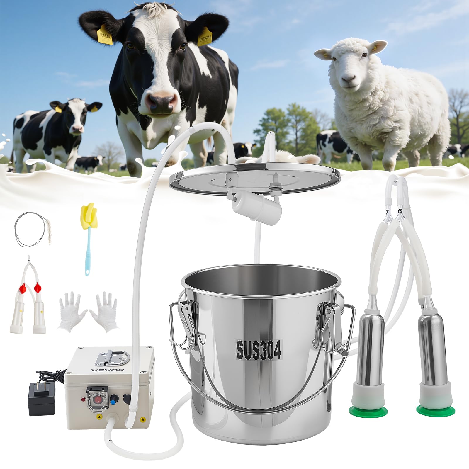 VEVOR Goat Milking Machine, 3.2 Gal / 12 L Food-Grade Stainless Steel Bucket, 4 Teat Cups for Cows and Goats, with 8000 mAh Rechargeable Battery, Electric Pulsation Milking Machine Portable Milker
