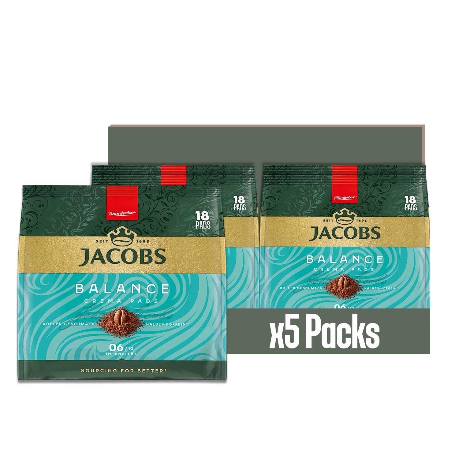 Jacobs Pads Crema Balance, Senseo kompatible Pads, 5 x 18 Getränke, 90 Kaffeepads
