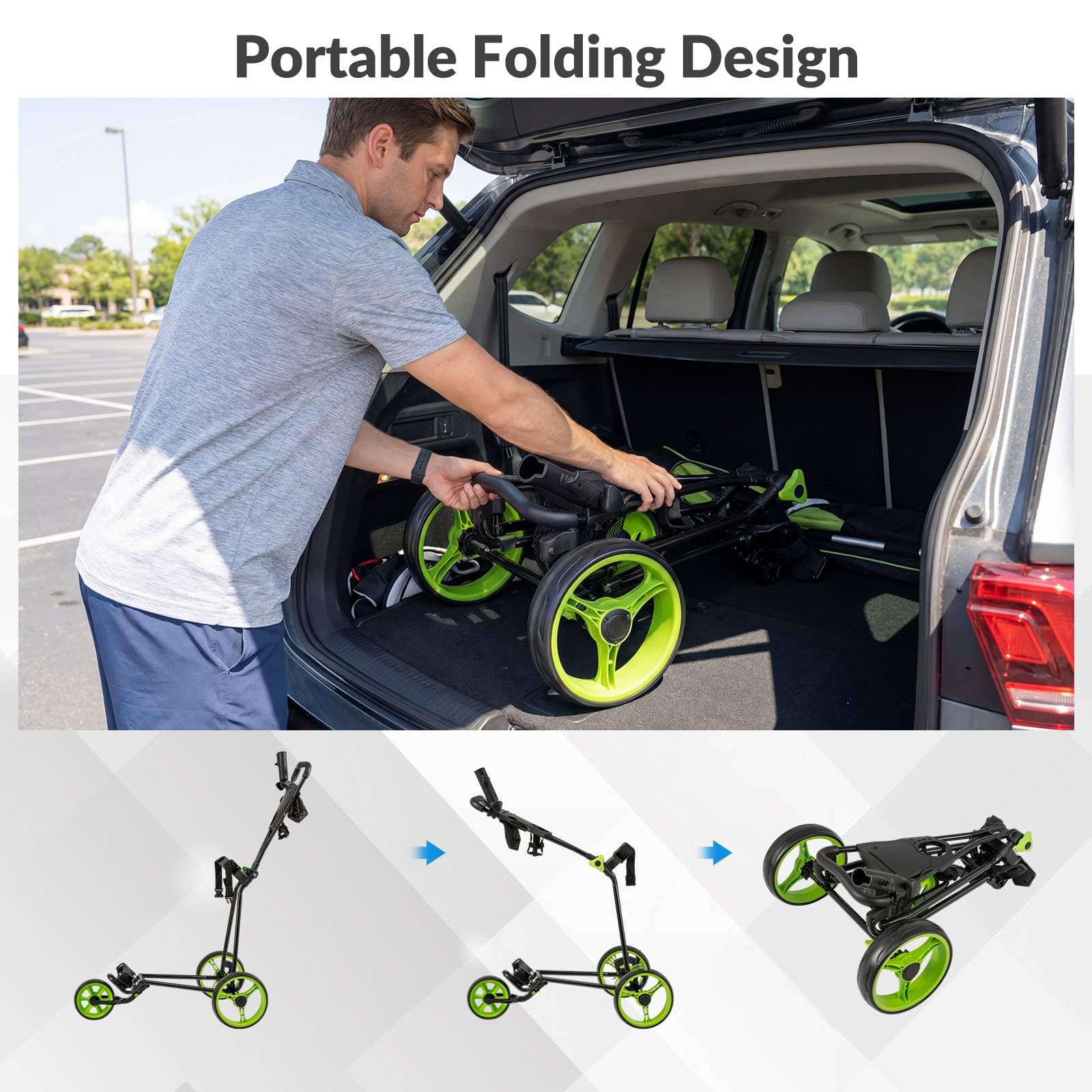 GYMAX Carrello da Golf, Pieghevole a 3 Ruote (Verde)