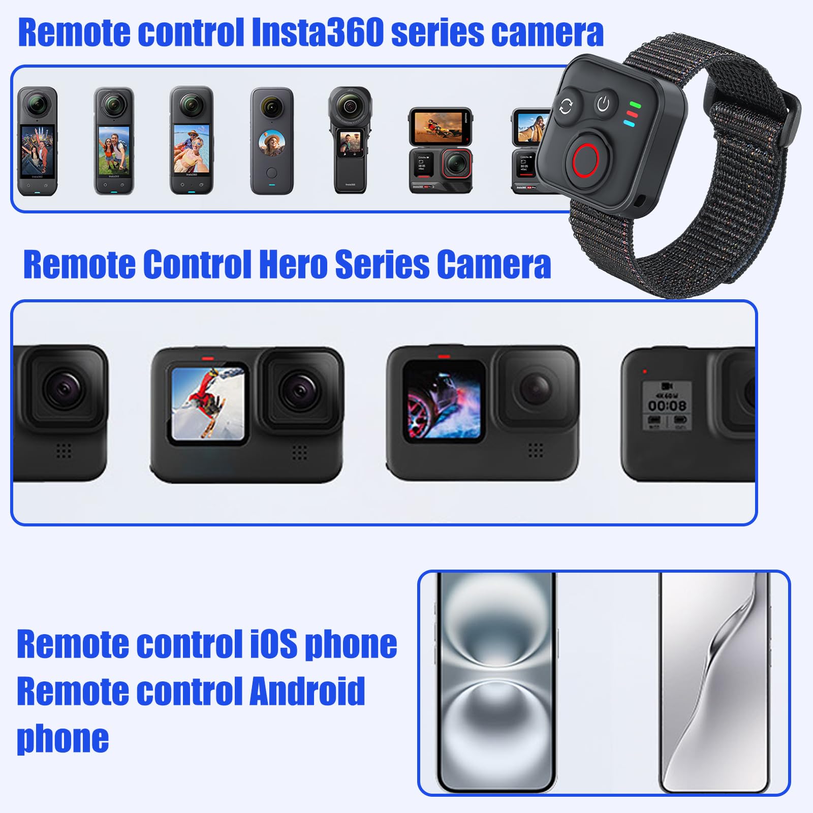 Telecomando Bluetooth per Insta360 X5/X4/X3/X2/ONE RS 1/Ace Pro/Ace Pro 2/A-ce/GO 3S/Hero 13/12/11/10/9/8/MAX/Mini/IOS/Android, portata 50 m, wireless, con cinturino da polso