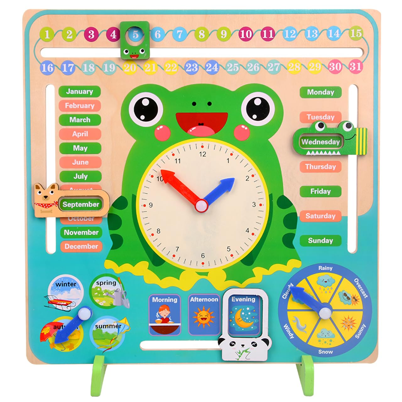 Wooden Calendar for Kids, Montessori Calendar Wooden Learning Clock, Toddler Calendar Learning for Home, 7 in 1 My Daily Calendar Preschool Telling Time Teaching Clock for Kids