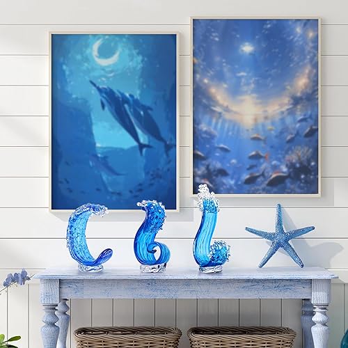 Miniatura 7 de Estatua de arte de vidrio soplado a mano, escultura de cristal de mar azul para decoración del hogar, sala de estar, oficina, estantería, mesa de