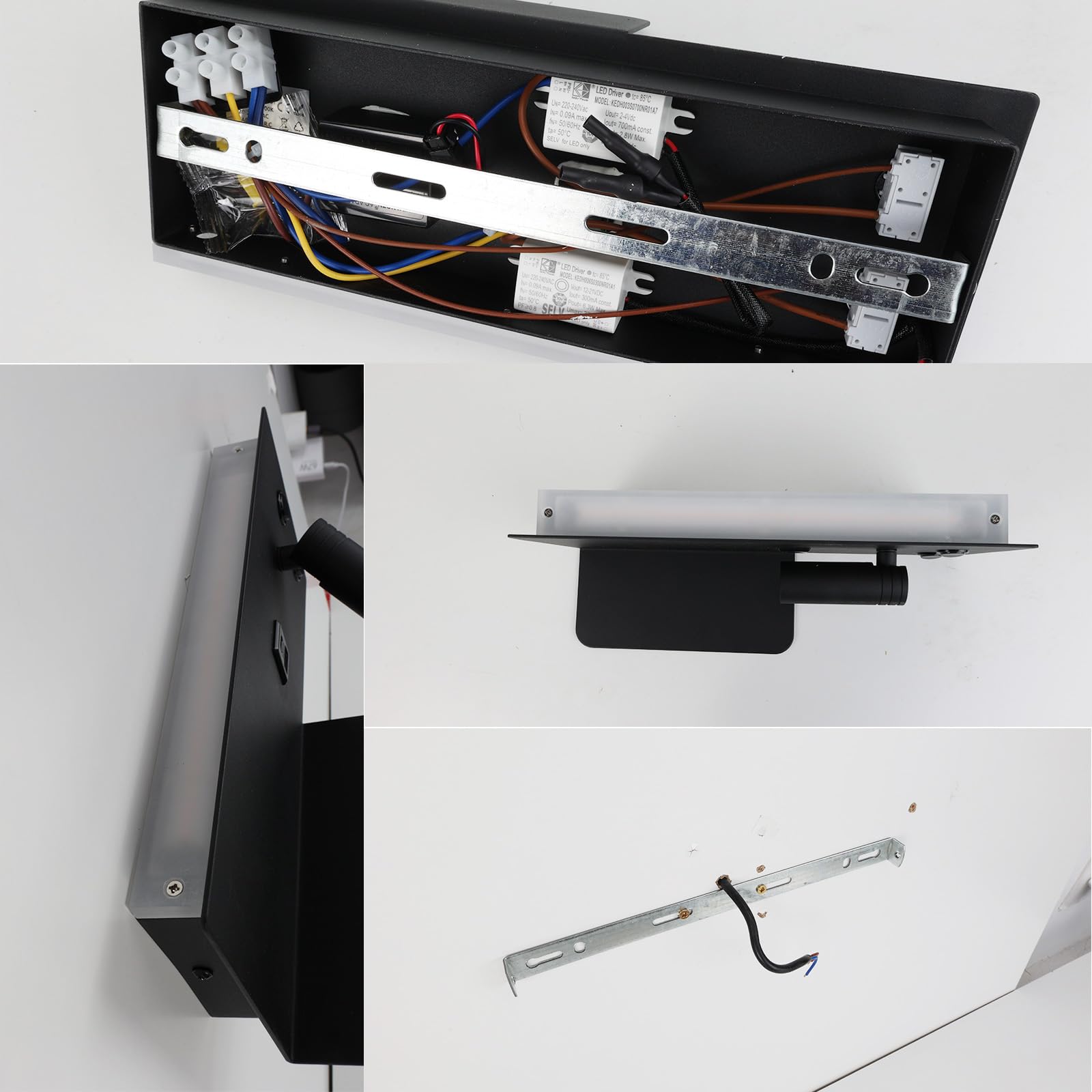 Alpinaluz Applique da Parete Moderno Nero Opaco con Faretto Destro, Luce Calda 2700K, Porta di Ricarica USB-C e USB-A, Luce Ambientale con Diffusore in Acrilico, Supporto per Cellulare e Due