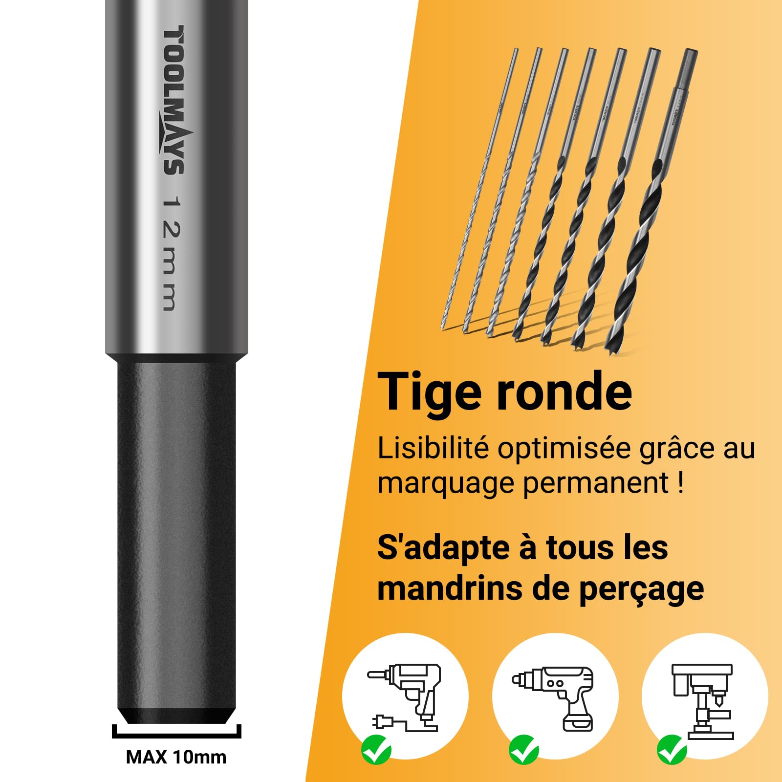 Foret Bois Long 7PCS Set, Jeu de Forets à Bois HSS-G, Meche Bois Longue Ø 4mm, 5mm, 6mm, 7mm, 8mm, 10mm, 12mm x 230mm