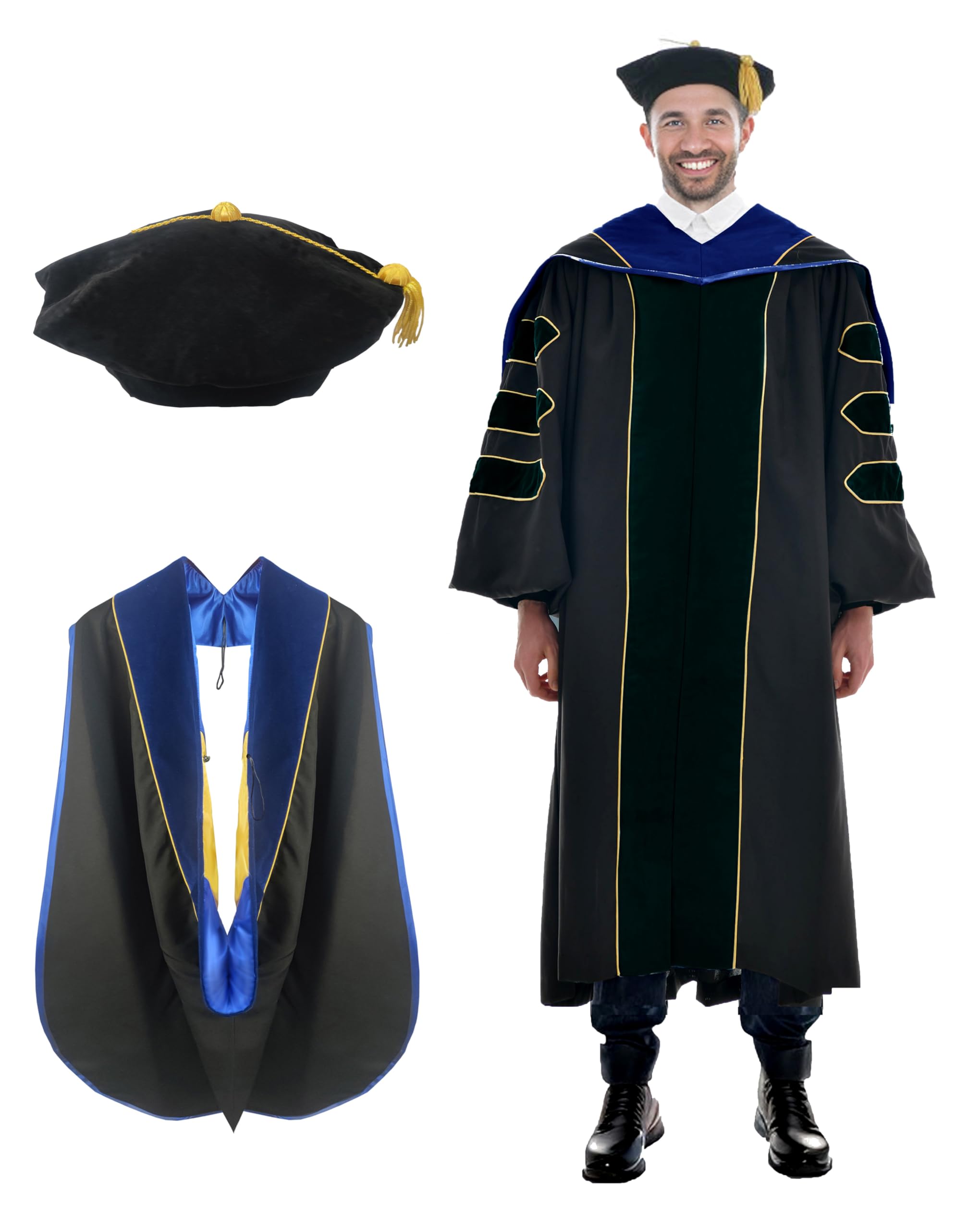 Deluxe Graduation Gown and Hood with Gold Piping - Doctoral Regalia