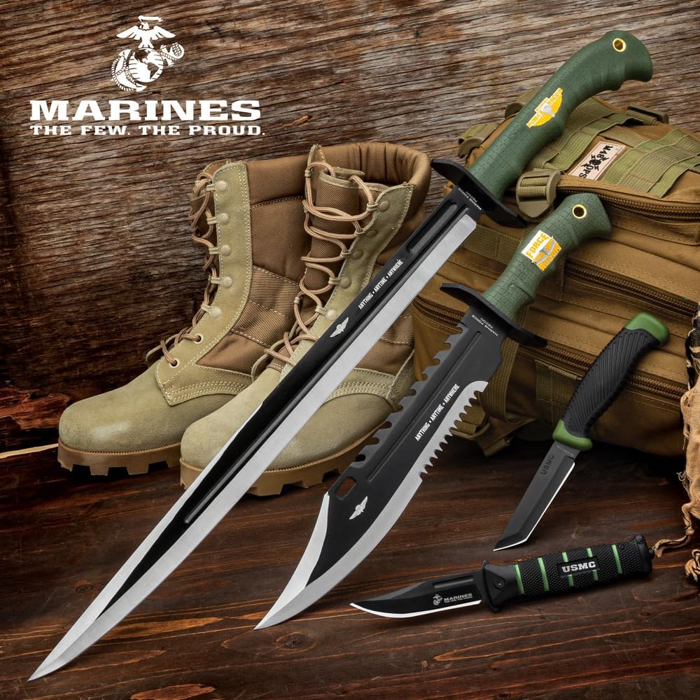 United Cutlery USMC Combat Ready Kit | Includes Bowie, Tanto, Pocket Knife and Sword | Premium Steel Blades