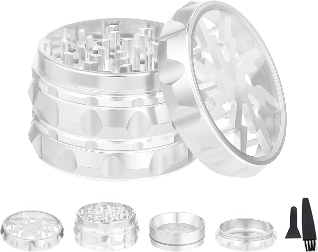 TIRIRS 2.5" 4 Pieces Clear Top Herb Grinder - Aluminium Spice Grinder with Pollen Scraper and Cleaning Brush - Silver.