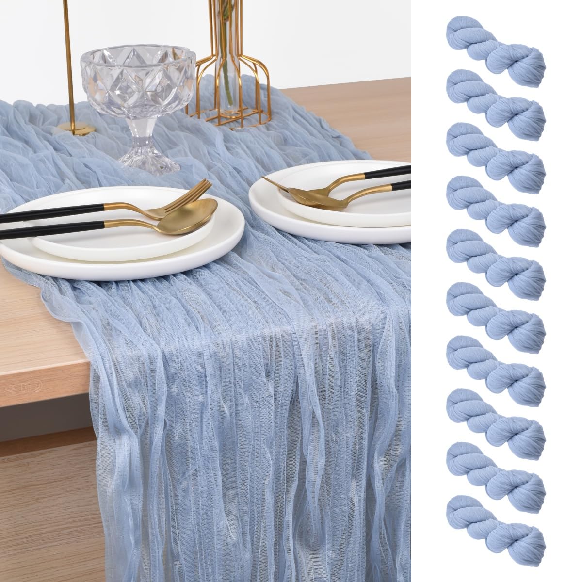 Joanlody Camino de mesa azul de gasa rústica de 10 pies para primavera y verano, camino de mesa de tela de queso bohemio para boda, novia, baby shower, decoración, paquete de 10
