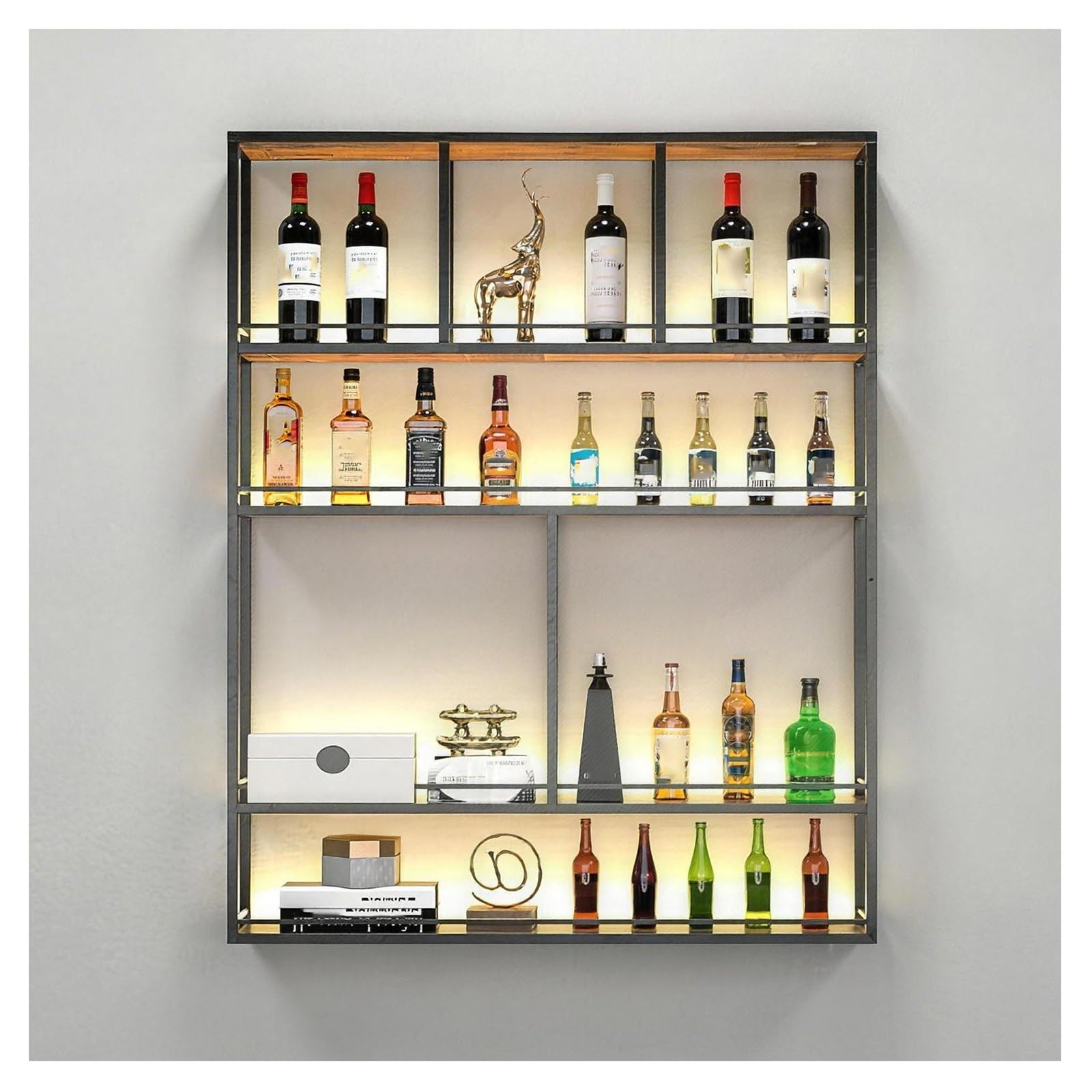 Botellero con Luz LED Botelleros Industrial Materiales de Metal Y Madera Estante Comercial para Vinos Diseño de 4 Niveles con Barandilla H120 Cm (47,2”) Estructura