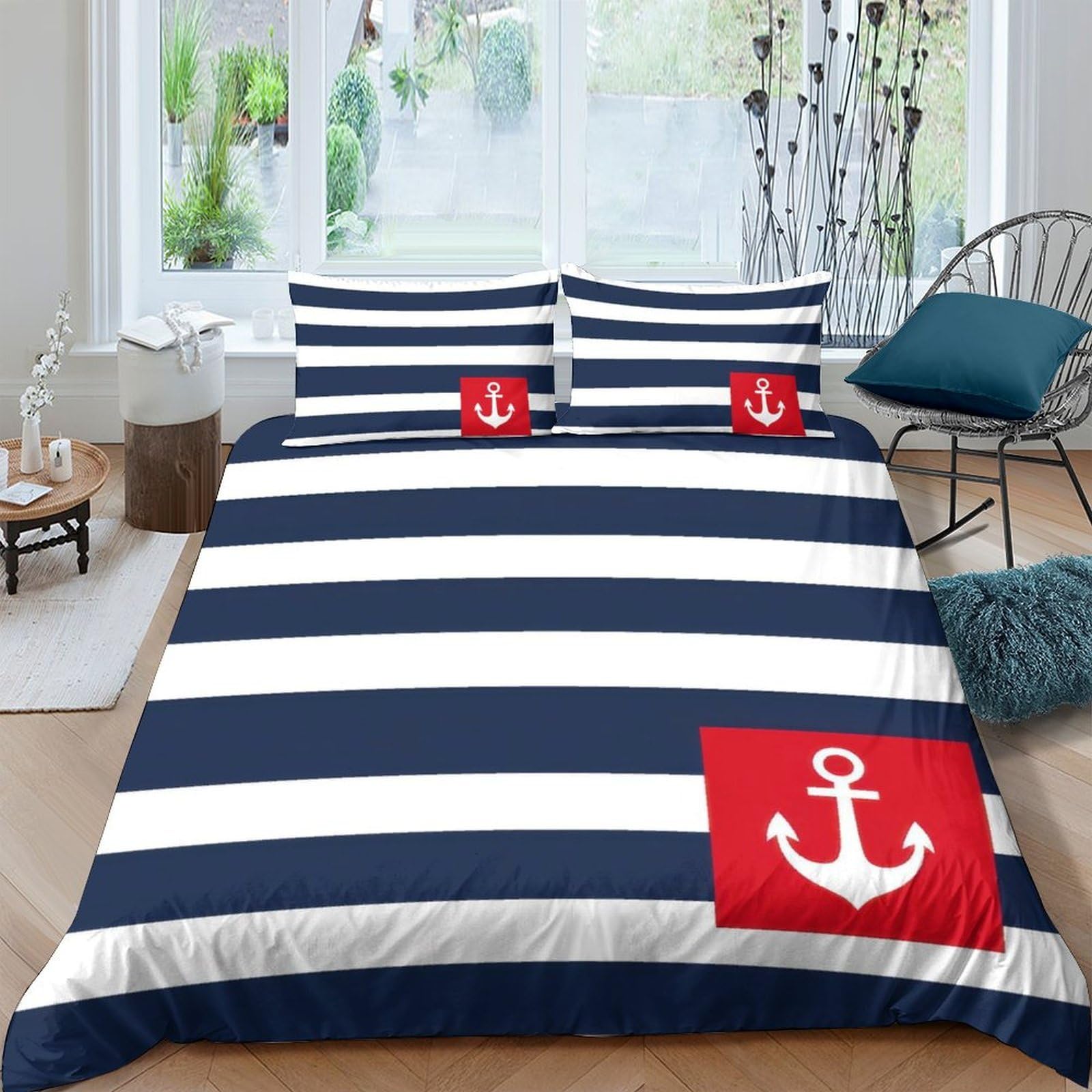 TUFRTGYHN 3D Printed Navy Stripe Anchor Duvet Cover Microfiber Soft Breathable Nautical Bedding Set with 2 Pillowcases for Bedroom Decor Single（135x200cm）