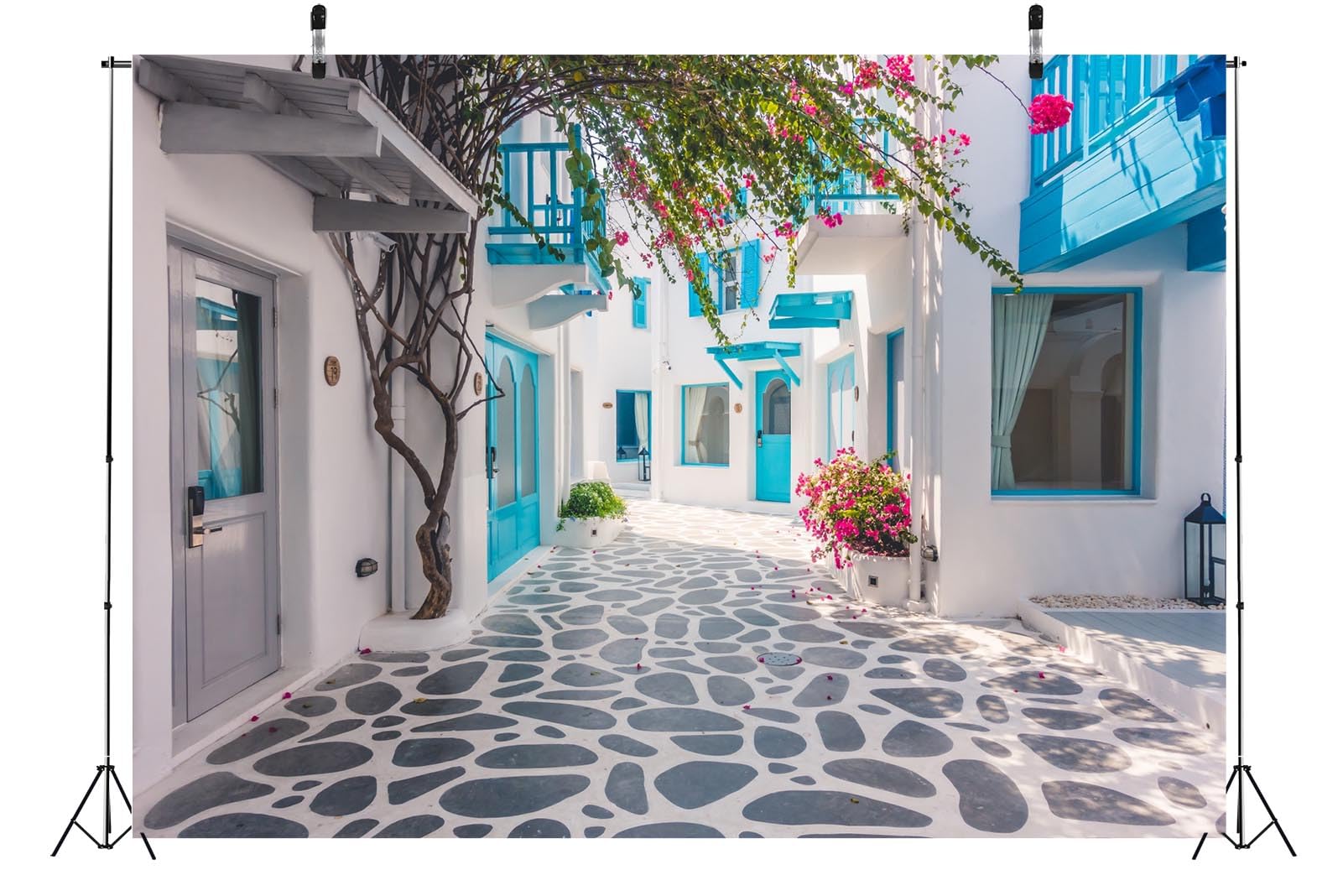 BELECO 4.6x2.5m Fotohintergrund Stoff Griechische Straße Santorini Insel Weiße Gebäude Romantische Blühende Blumen Hintergrund Griechische Party Dekoration Geburt Hochzeit Fotografie Zubehör