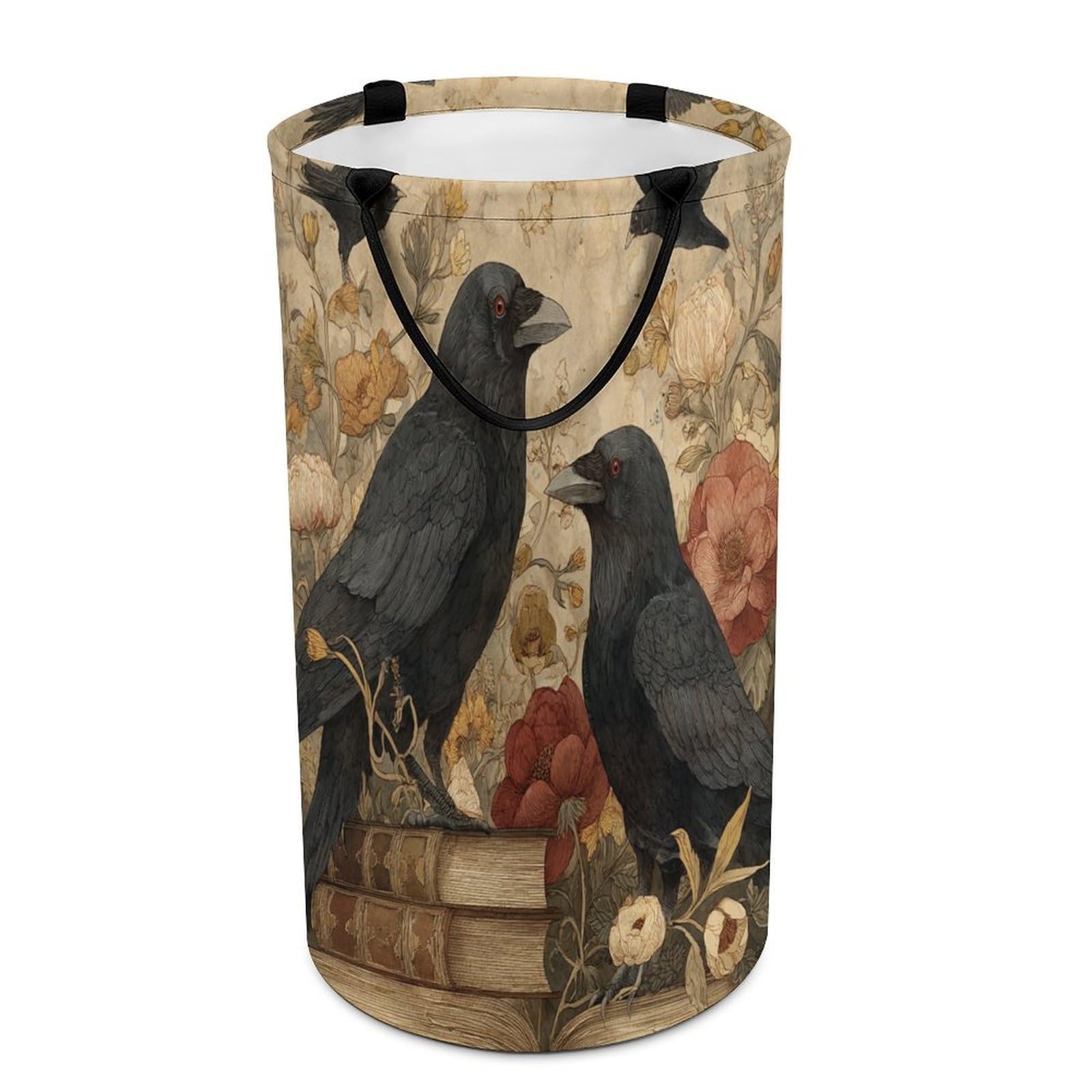 LUYYSKY Fantasy Realistic Animal Raven Collapsible Dirty Clothes Basket, Romantic Classic Gothic Wildlife Crow Plant Daisies Floral Books Portable Clothes Storage Laundry Basket-40 CM Dia, 69 CM High