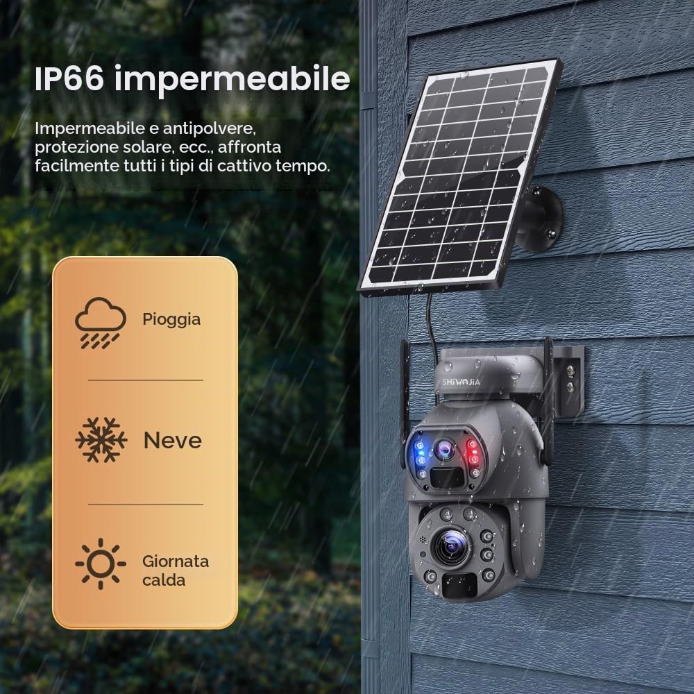 SHIWOJIA Camera doppia lente esterna solare 4g, zoom 20x, 2K 6MP Camera esterna senza fili solare, visione notturna colore, rilevamento umano PIR, IP66