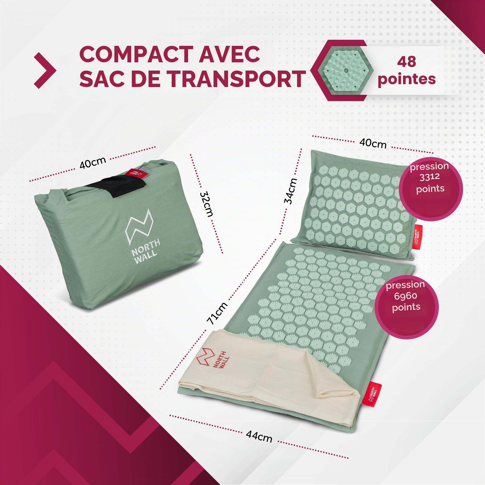 Northwall Tapis Acupression, Tapis Acupuncture Écologique avec Coussin, Tissu et Sac, Massage, Tapis d'Acrupression Vert