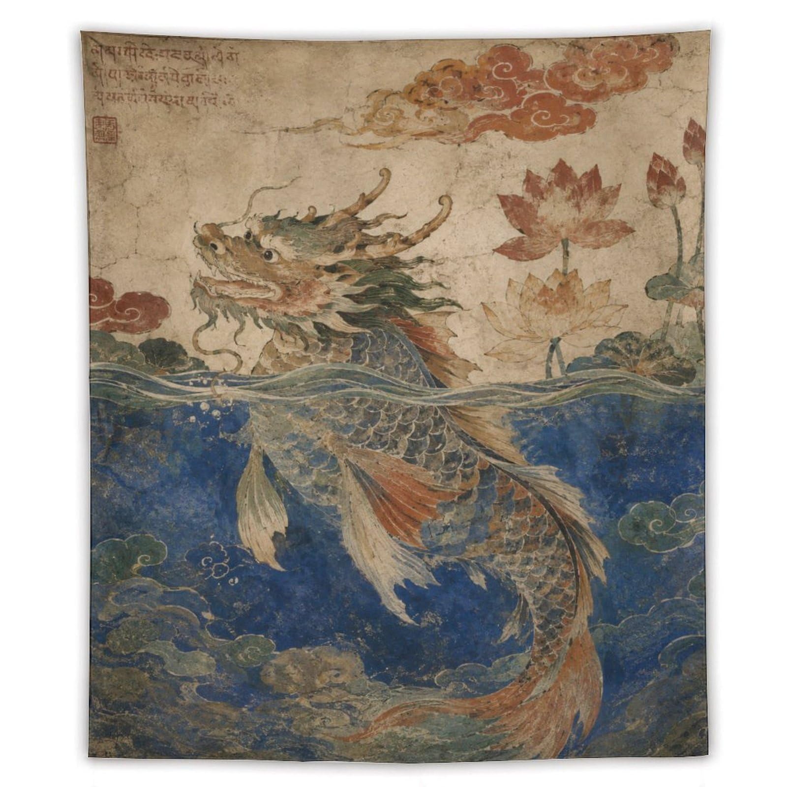 W7C8U2X3 Dragon and Waves Wall Tapestry, Surrealist Style, Office