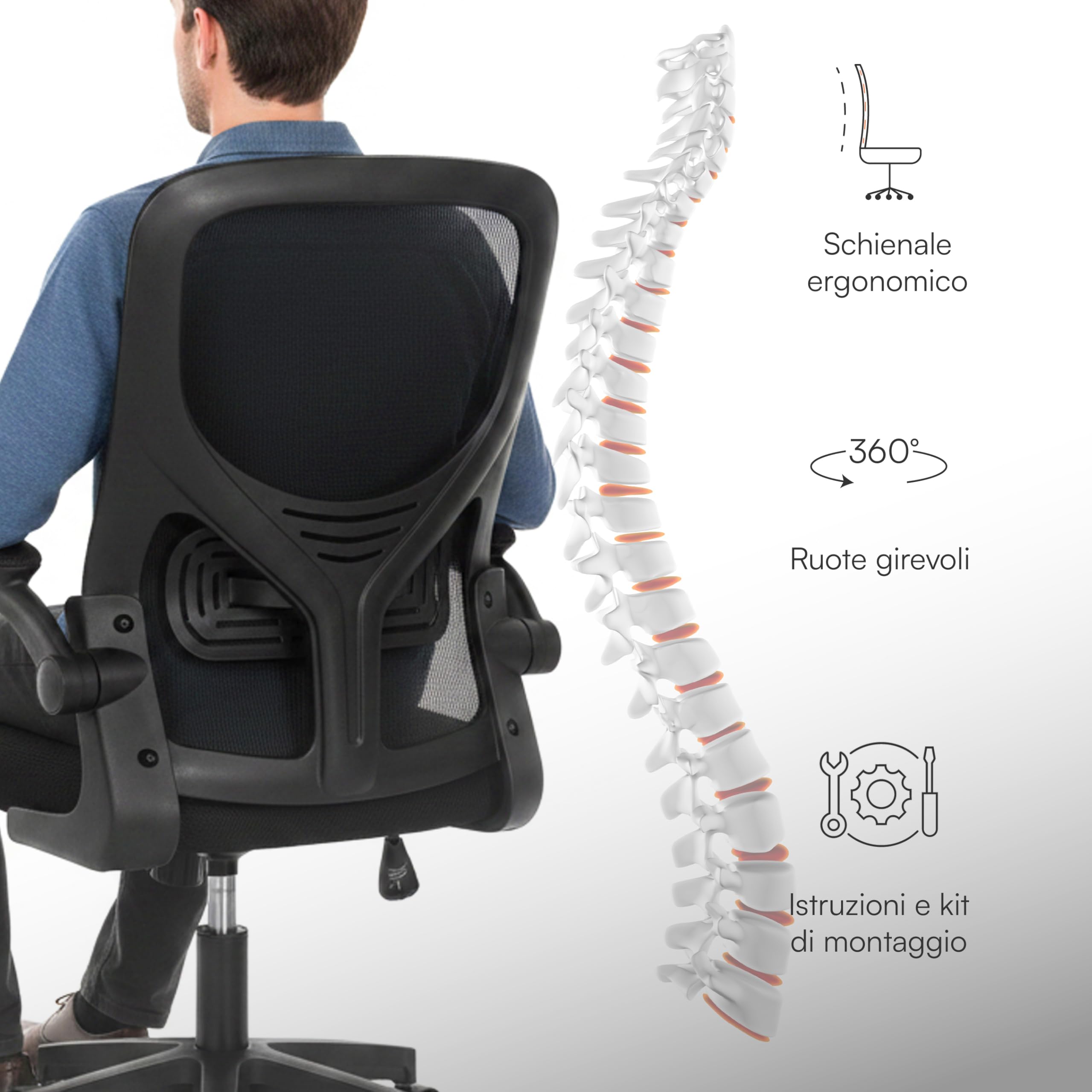 Baroni Home Sedia da Ufficio Ergonomica con Supporto Lombare, Braccioli Reclinabili Imbottiti, Schienale Traspirante, Altezza Regolabile 56x59x100cm (Nera)