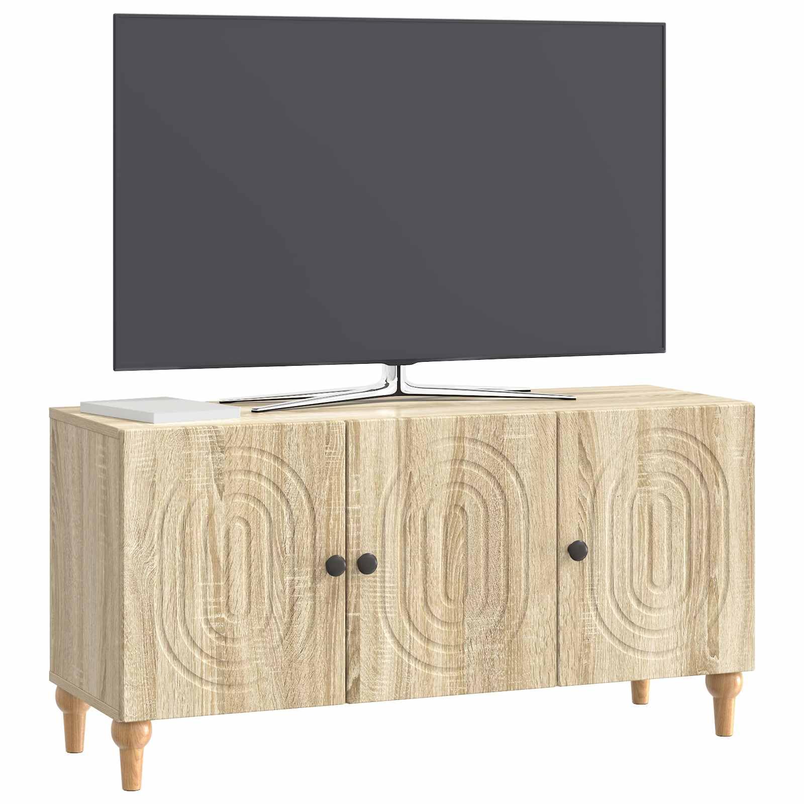 Szafka pod telewizor dąb Sonoma z materiału drewnopochodnego 99 x 34,5 x 50 cm z 3 drzwiami obrotowymi, miejsce do przechowywania i miejsce do przechowywania, do salonu, sypialni, kącik