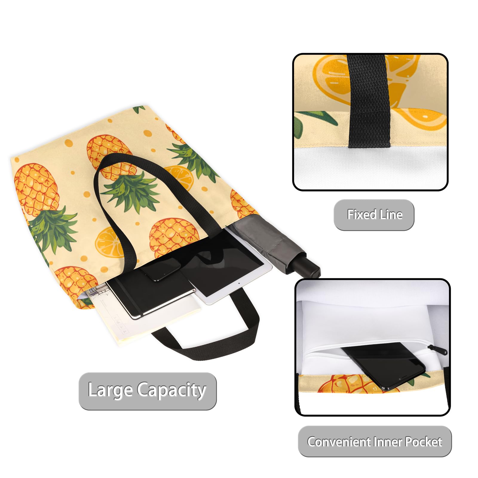 Mularoka Pineapple Orange Watercolour Large Capacity Canvas Tote Bag Stylish Handheld Shoulder Bag Reusable Shopping Bag for Work Travel Beach Trips Shopping