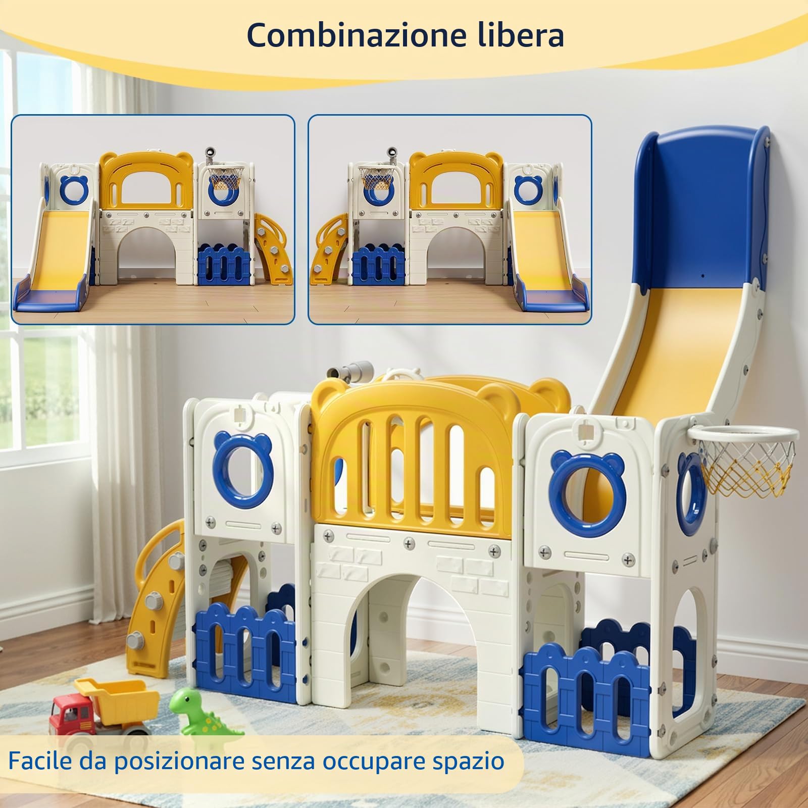 MAMIZO 10 in 1 Scivolo per Bambini, Scivolo Giocattolo da Interno o Esterno Canestri da Basket e Telescopi, Scivolo da Giardino Spazio di Deposito e Tunnel, mit 4PCS Moduls, Blu Giallo