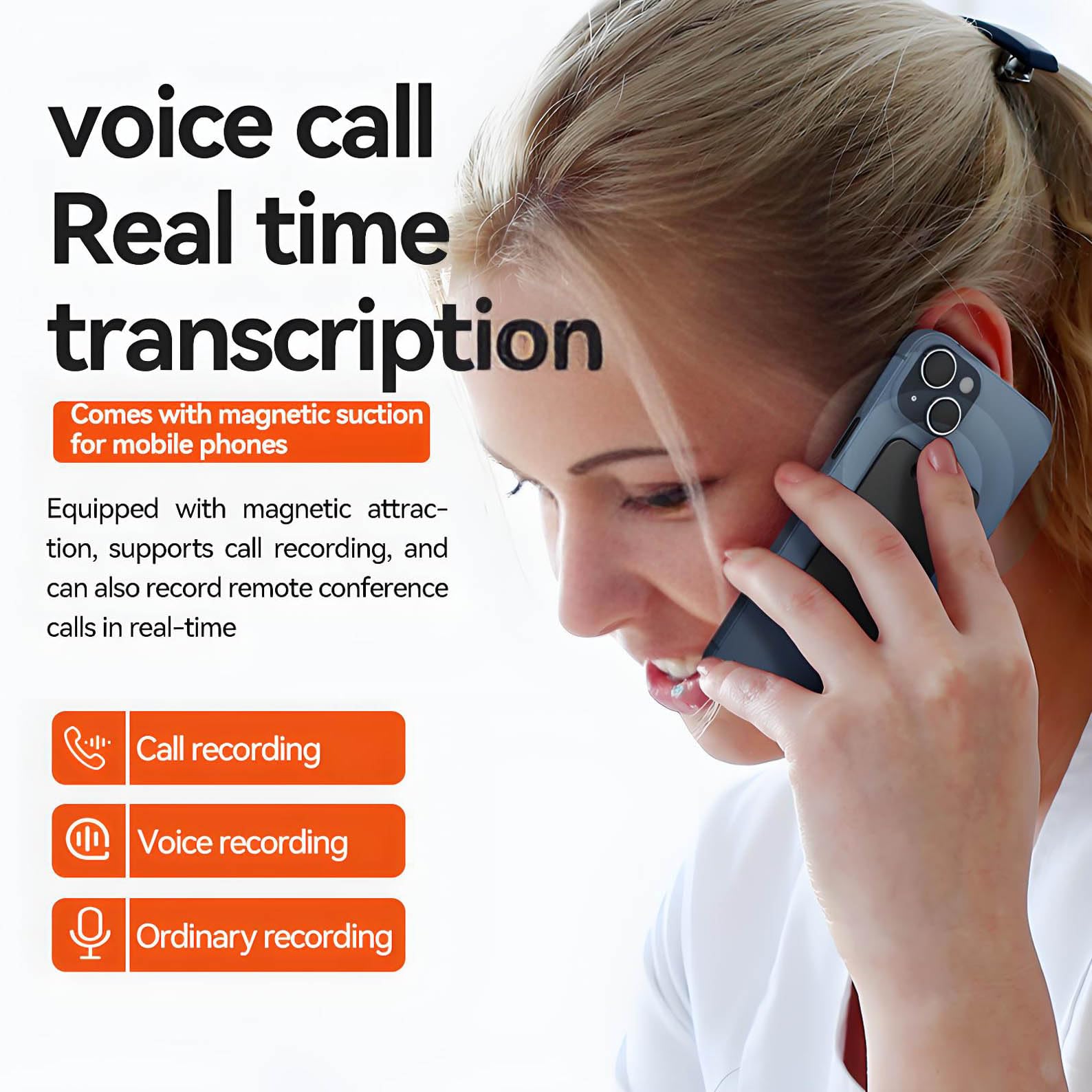 Dyktafon AI, cyfrowy dyktafon magnetyczny do telefonu komórkowego, obsługa bezpłatnej transkrypcji audio i podsumowania tekstu, pamięć 64 GB, dotyczy wykładu, spotkania, klasy, połączeń,Black