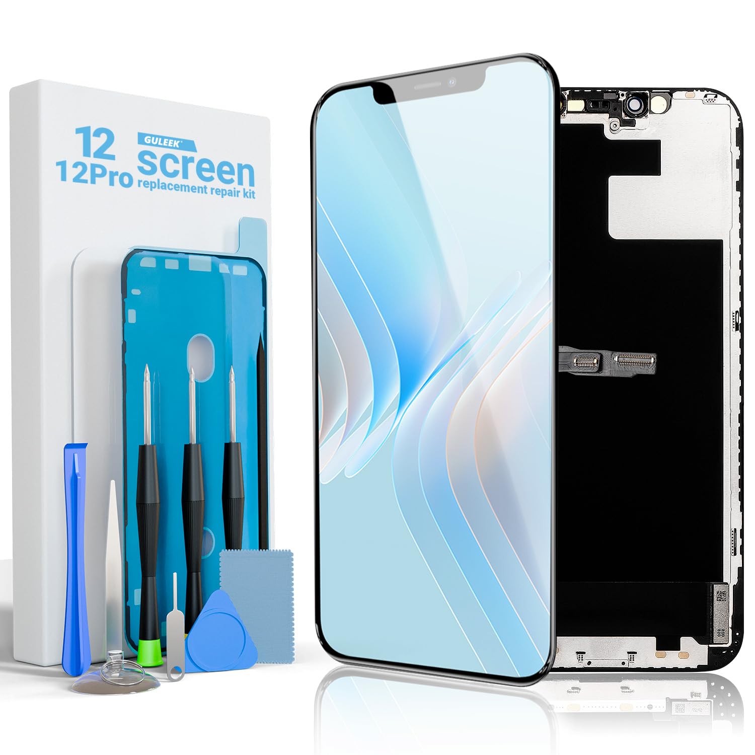 per iPhone 12/12 Pro Schermo di ricambio, display LCD Full HD da 6.1 pollici e digitalizzatore touch completo con kit di riparazione, nastro impermeabile, protezione schermo in vetro temperato