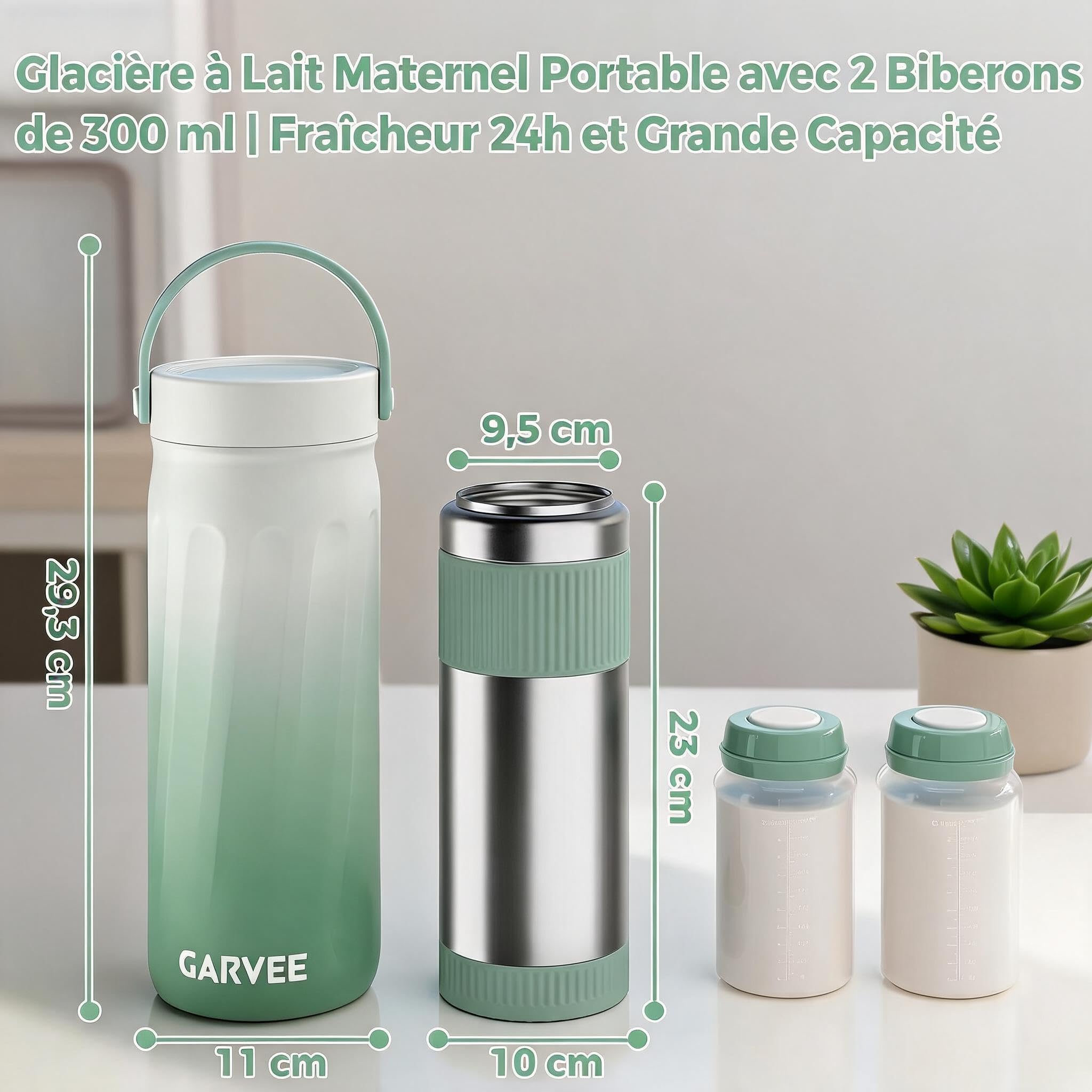 Garvee Glacière Lait Maternel Portable 22oz/300ml, Refroidissement 24h à 360°, Chauffage Intégré, 2 Biberons Inclus, Acier Inoxydable 316 Sans BPA